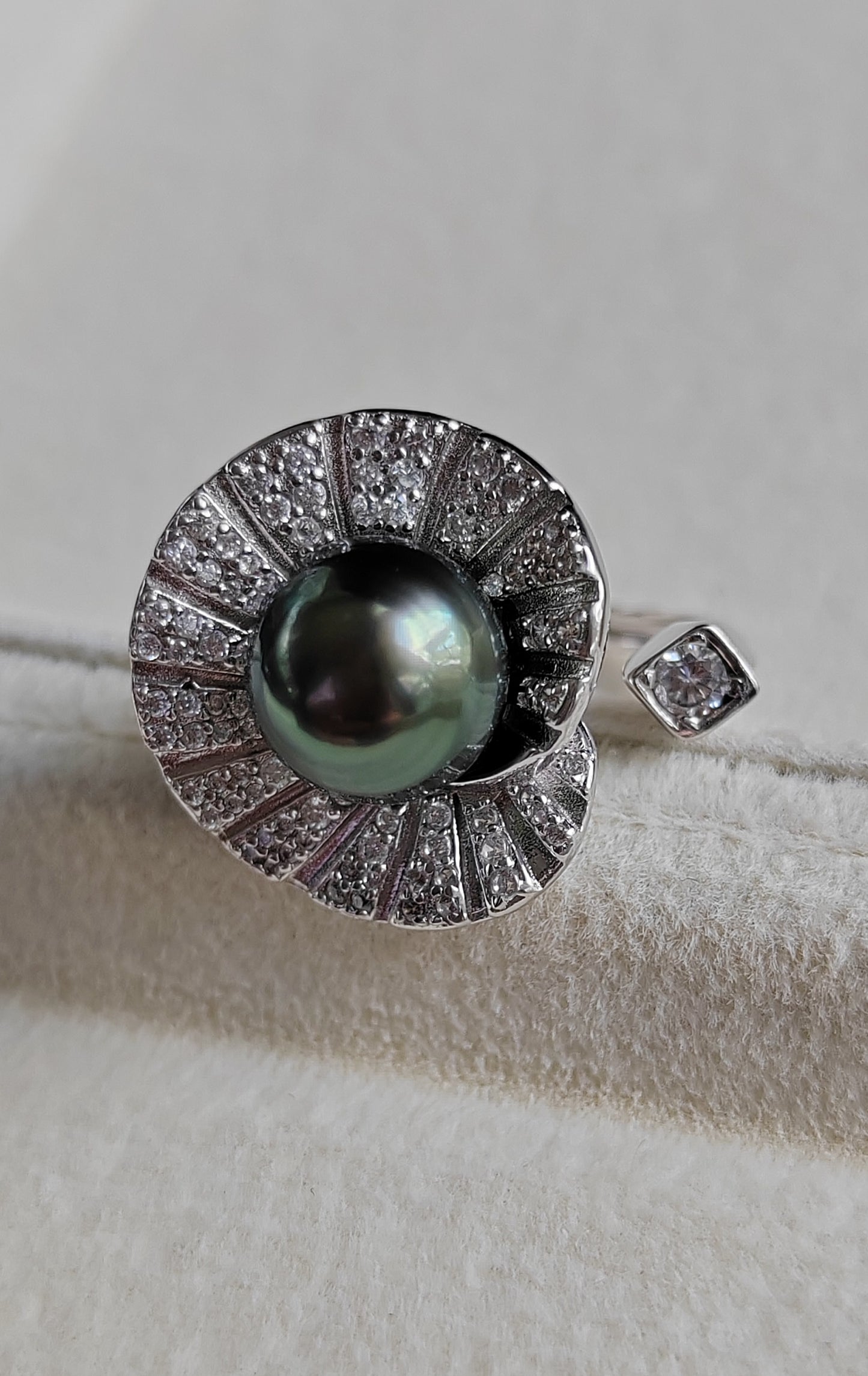 'Green lotus' adjustable ring genuine tahitian south sea pearl 9.3mm