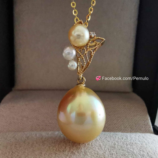 ' Sunset ' 18k gold diamond pendant genuine golden south sea and Japanese akoya pearl 2.4-13mm