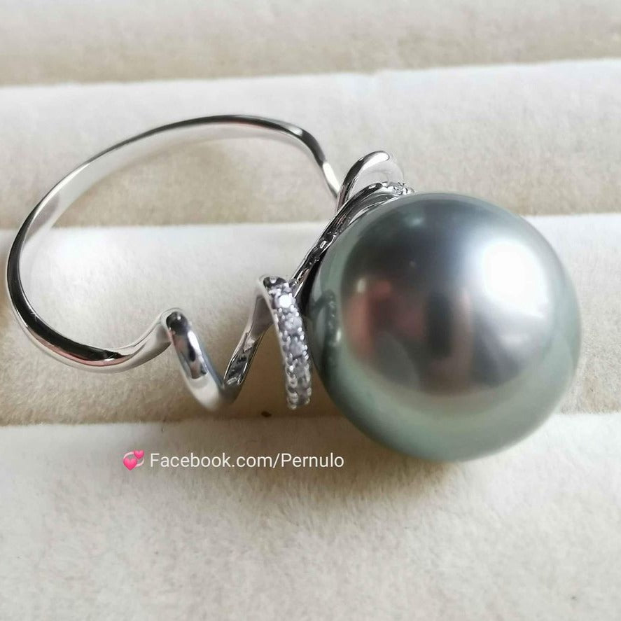 14k white gold artist ring genuine tahitian south sea pearl 11.4mmm AAA+