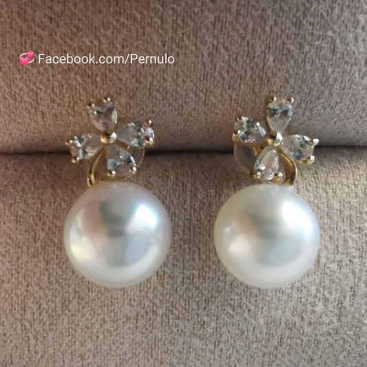 'Shinning Clovers' 14k gold earring genuine south sea white pearl 8.4mm