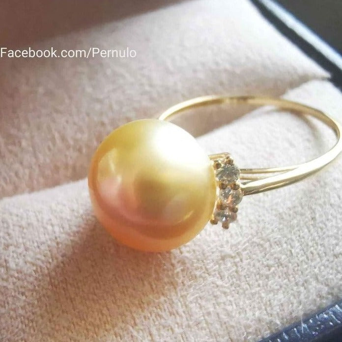 10.9mm Genuine golden south sea pearl classic 18k gold solitaire ring size O