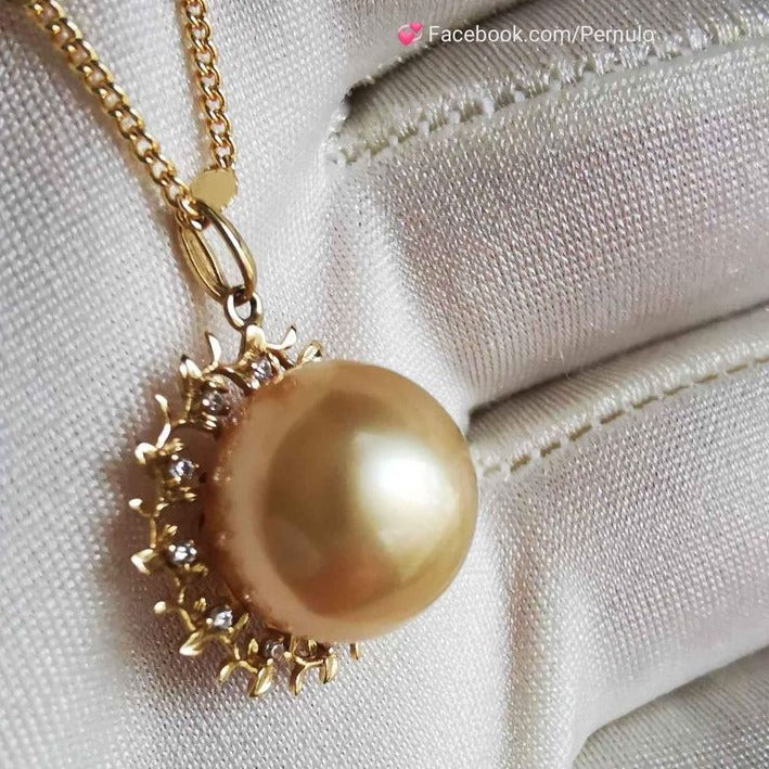 'The Sun' 14k gold pendant genuine golden south sea round pearl 11.4mm AAAA
