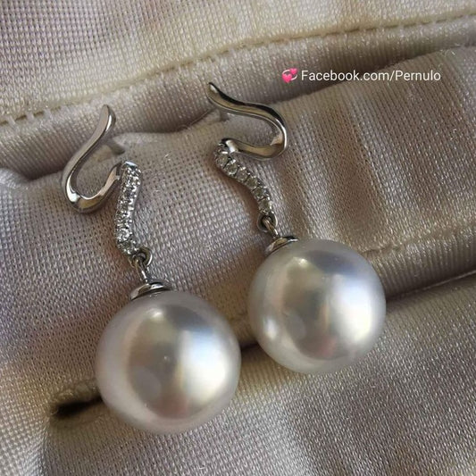 18k white gold diamond earrings genuine south sea white pearls 10.6mm