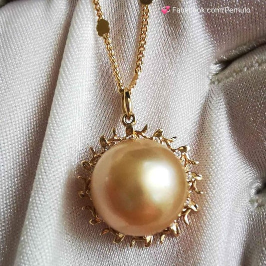 'The Sun' 14k gold pendant genuine golden south sea round pearl 11.4mm AAAA