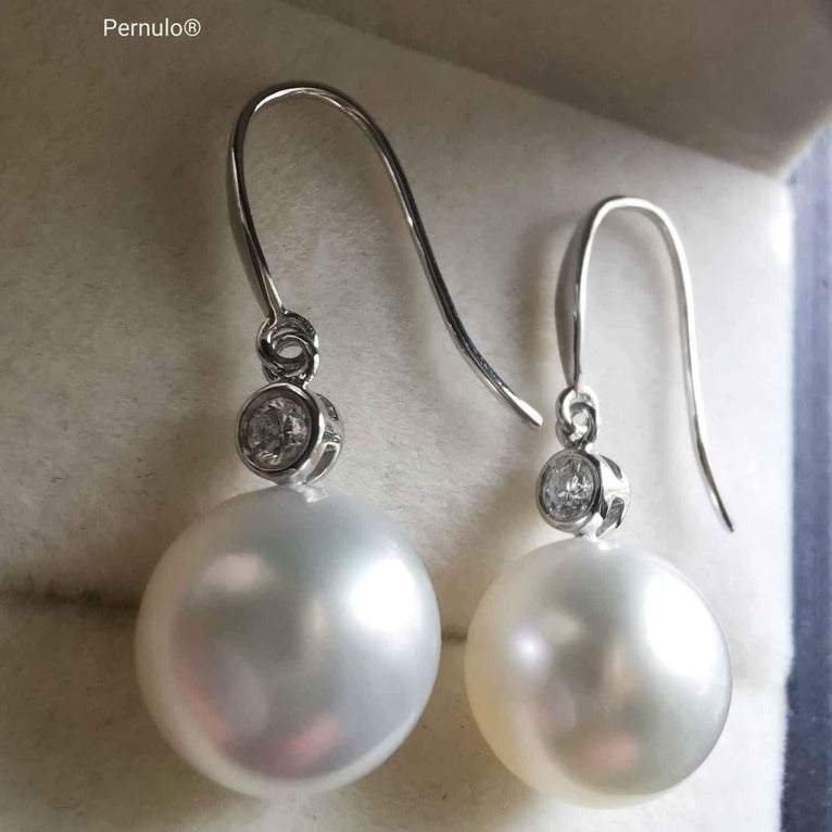 Classic dangle earrings 18k white gold diamond genuine south sea white pearls 10.1mm