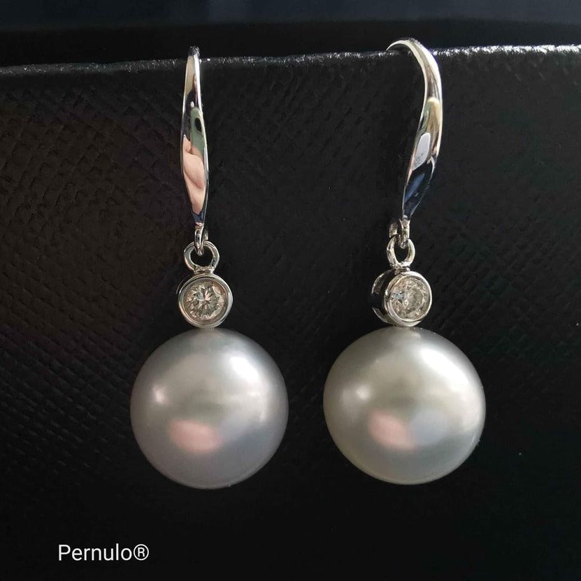 Classic dangle earrings 18k white gold diamond genuine south sea white pearls 10.1mm