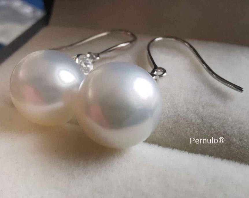 Classic dangle earrings 18k white gold diamond genuine south sea white pearls 10.1mm