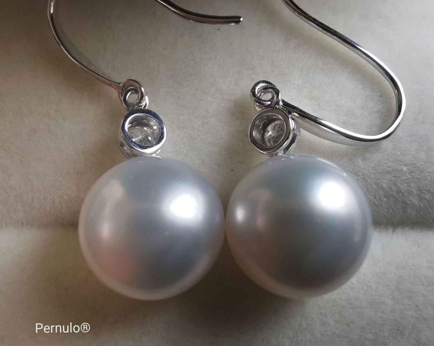 Classic dangle earrings 18k white gold diamond genuine south sea white pearls 10.1mm