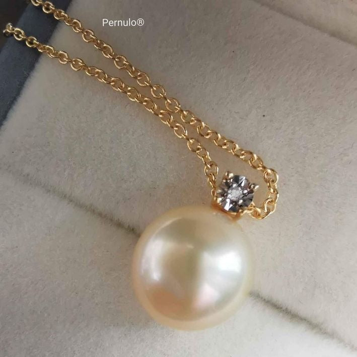 Classic 18k gold diamond pendant genuine golden south sea pearl 10.2mm
