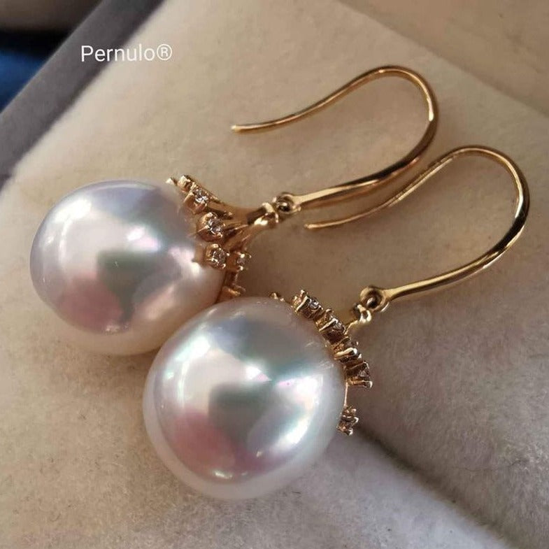 'Little fireworks' earrings 14k gold genuine south sea white pearls 10.6x11.2mm AAAA