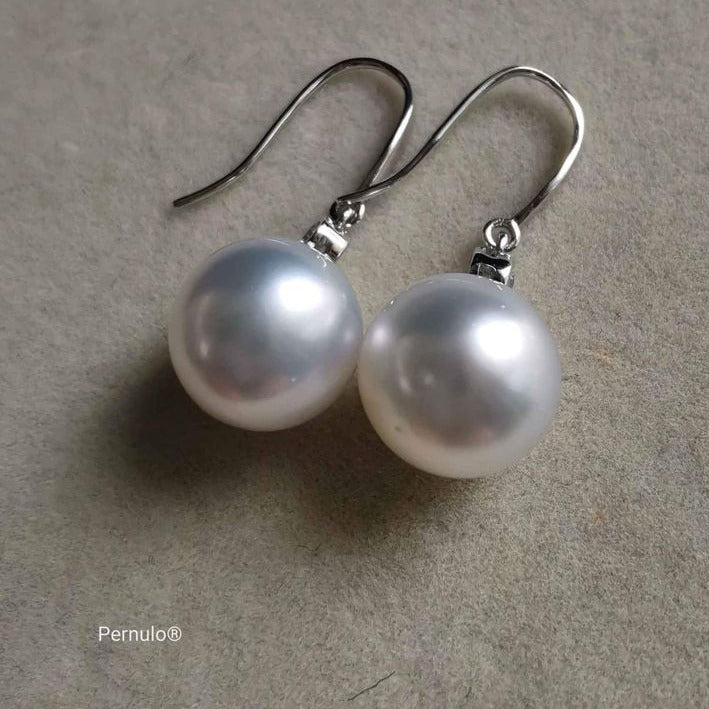 Classic dangle earrings 18k white gold diamond genuine south sea white pearls 10.1mm