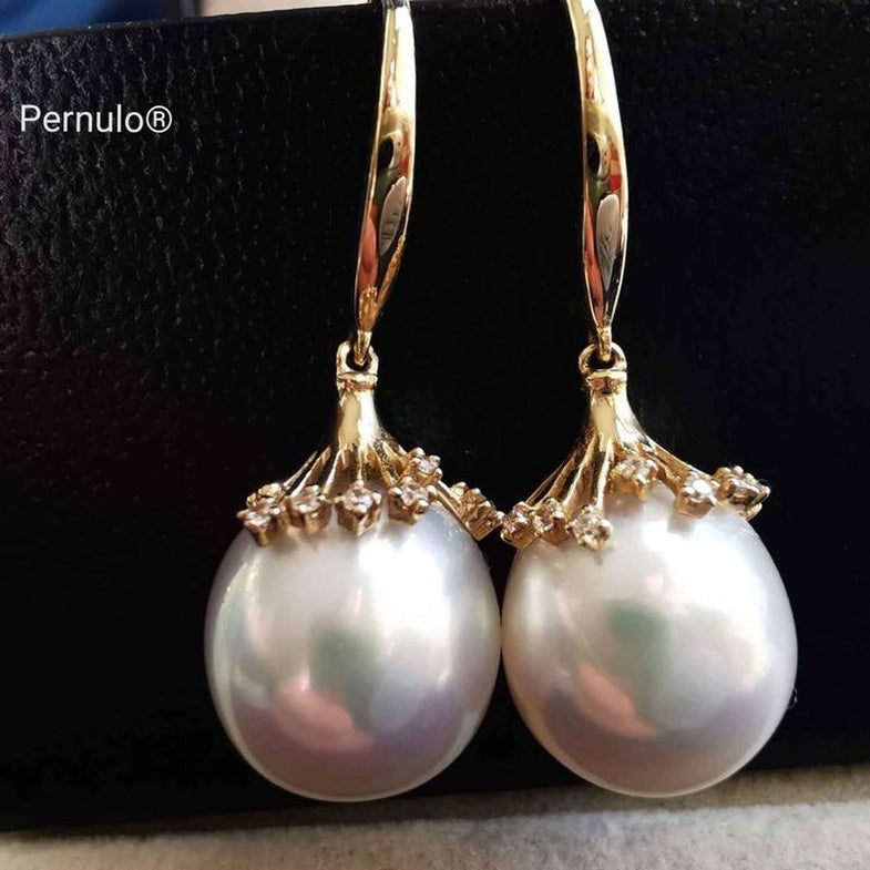 'Little fireworks' earrings 14k gold genuine south sea white pearls 10.6x11.2mm AAAA