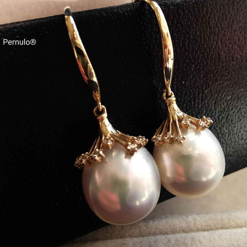 'Little fireworks' earrings 14k gold genuine south sea white pearls 10.6x11.2mm AAAA