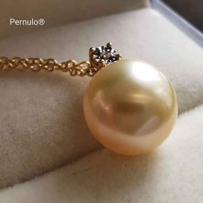 Classic 18k gold diamond pendant genuine golden south sea pearl 10.2mm