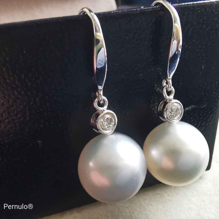Classic dangle earrings 18k white gold diamond genuine south sea white pearls 10.1mm