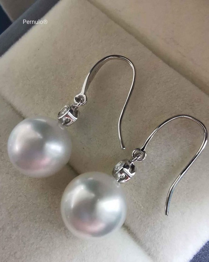Classic dangle earrings 18k white gold diamond genuine south sea white pearls 10.1mm