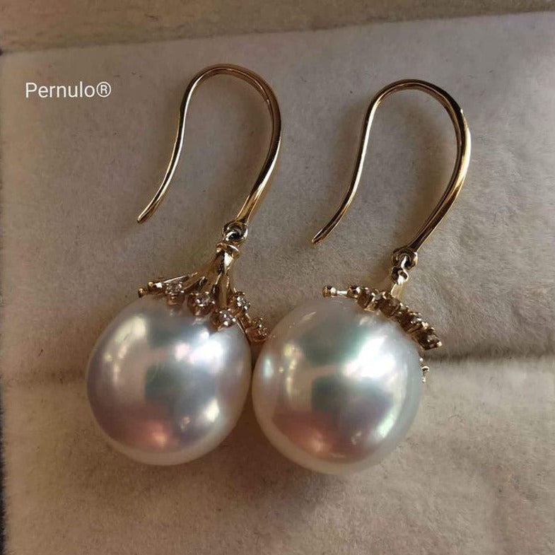 'Little fireworks' earrings 14k gold genuine south sea white pearls 10.6x11.2mm AAAA