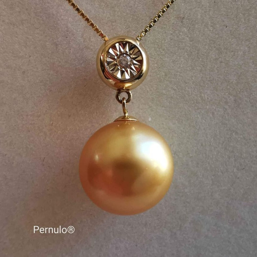 Classic 18k gold diamond pendant genuine golden south sea pearl 11.2mm