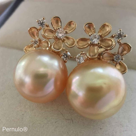 'Petites fleurs' 14k gold earrings genuine golden south sea pearl s 10.2mm AAA