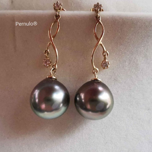 'The orient waves' 18k gold earrings genuine tahitian south sea pearls AAAA 9.7x10.2mm