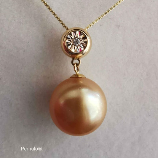 Classic 18k gold diamond pendant genuine golden south sea pearl 11.2mm