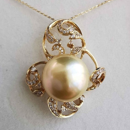 Elegant 'Lacy' pendant genuine golden south sea pearl 12.2mm 14k gold