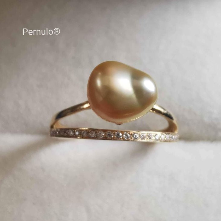 'A Golden Seed' 14k gold ring genuine golden south sea Keshi pearl 7.1-8.1mm K1/2