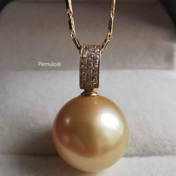 Classic pendant 18k gold diamond genuine golden south sea pearl 13mm AAA+