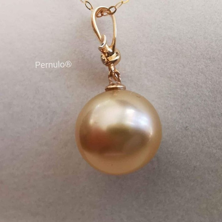 Classic 18k gold diamond pendant genuine golden south sea pearl 12mm AAA+