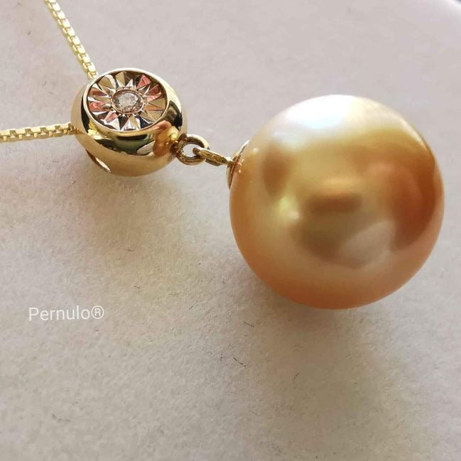 Classic 18k gold diamond pendant genuine golden south sea pearl 11.2mm