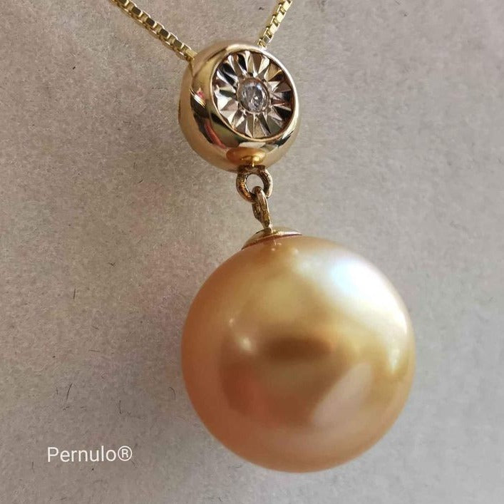 Classic 18k gold diamond pendant genuine golden south sea pearl 11.2mm