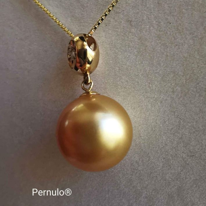 Classic 18k gold diamond pendant genuine golden south sea pearl 11.2mm