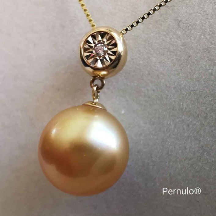 Classic 18k gold diamond pendant genuine golden south sea pearl 11.2mm