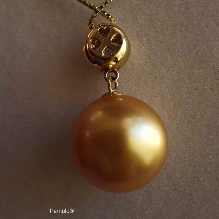 Classic 18k gold diamond pendant genuine golden south sea pearl 11.2mm
