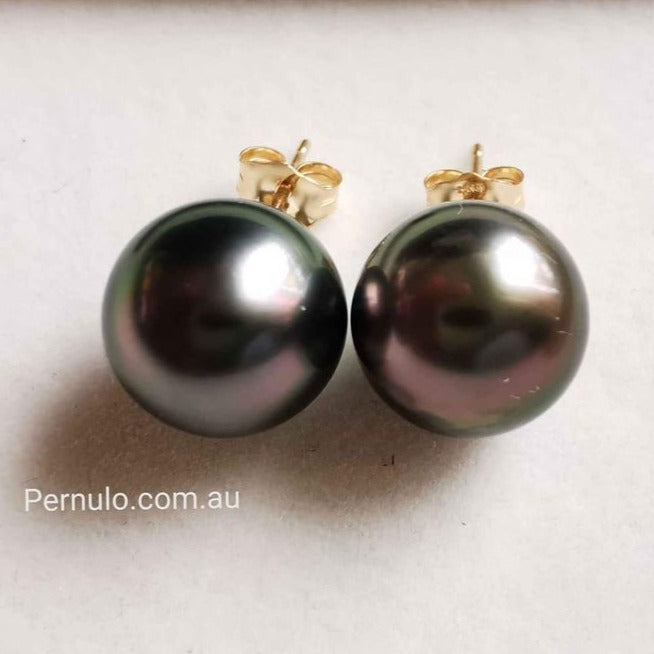 10.4mm Genuine tahitian south sea pearls classic earrings 14k gold