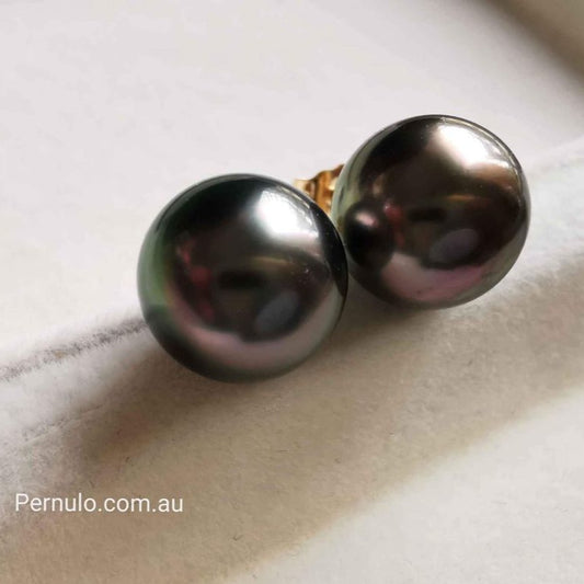 10.4mm Genuine tahitian south sea pearls classic earrings 14k gold