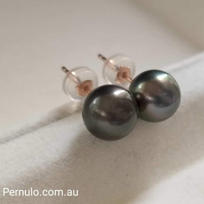 7.6mm Genuine tahitian south sea round pearls classic earrings studs 18k rose gold