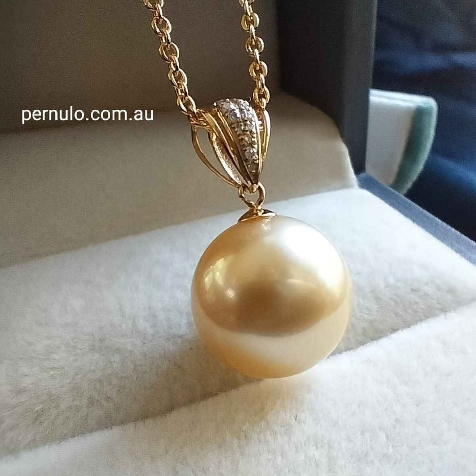 Classic 18k gold diamond pendant genuine golden South sea pearl 12mm AAAA