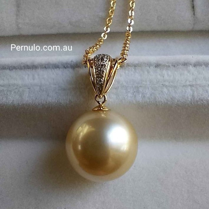 Classic 18k gold diamond pendant genuine golden South sea pearl 12mm AAAA
