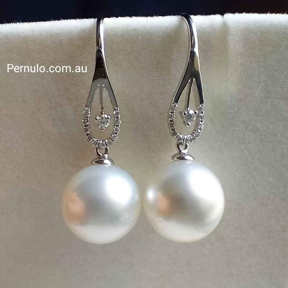 'Moonlight' 18k white gold diamond earrings genuine south sea white pearls 11.3mm