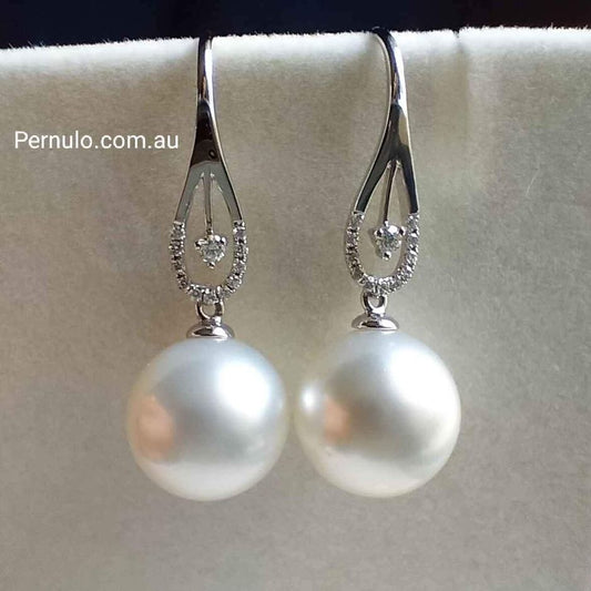 'Moonlight' 18k white gold diamond earrings genuine south sea white pearls 11.3mm