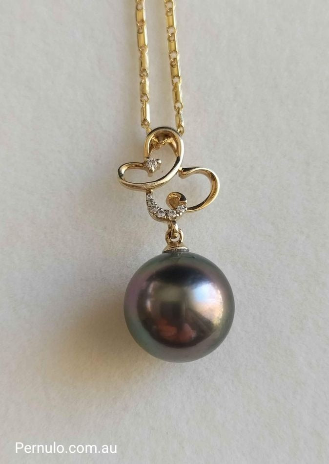 'The purple peacock' pendant 18k gold genuine Tahitian south sea pearl 11.9mm AAA