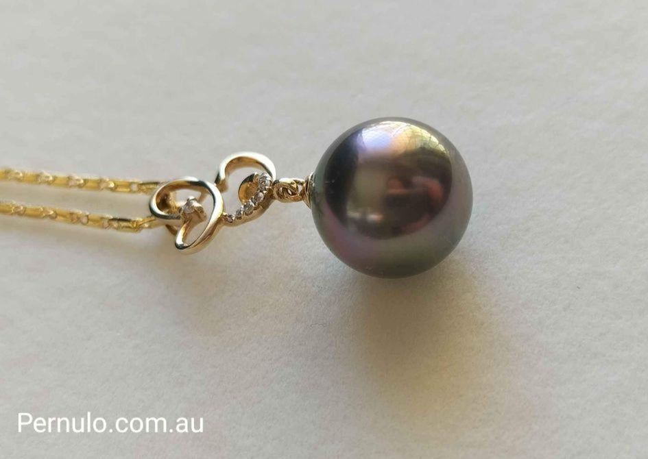 'The purple peacock' pendant 18k gold genuine Tahitian south sea pearl 11.9mm AAA