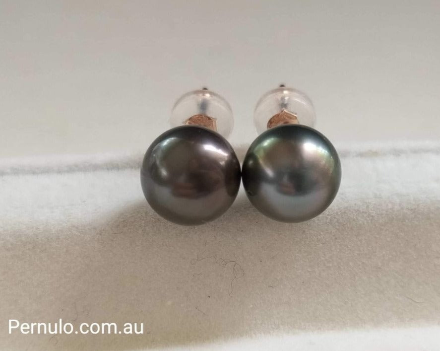 7.6mm Genuine tahitian south sea round pearls classic earrings studs 18k rose gold