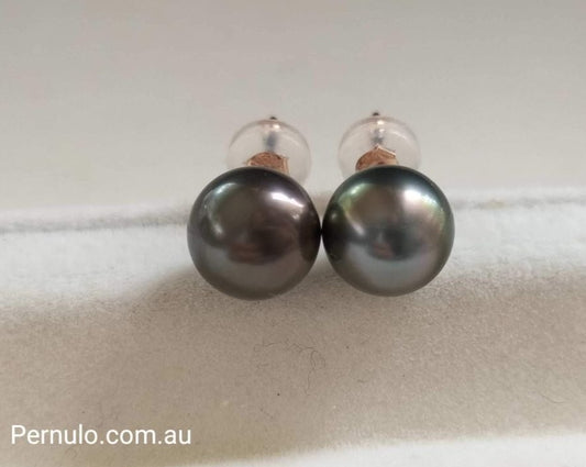 7.6mm Genuine tahitian south sea round pearls classic earrings studs 18k rose gold