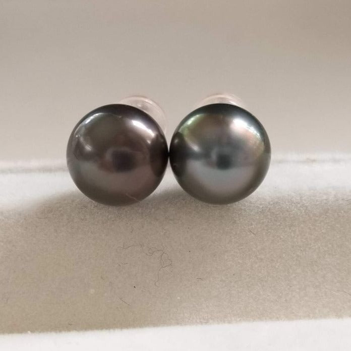 7.6mm Genuine tahitian south sea round pearls classic earrings studs 18k rose gold