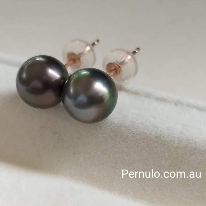 7.6mm Genuine tahitian south sea round pearls classic earrings studs 18k rose gold